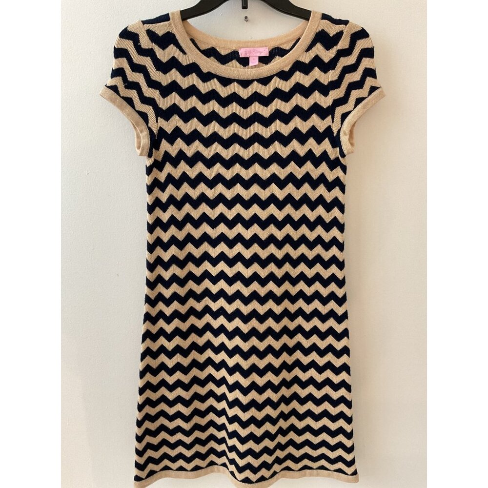 Lilly Pulitzer Womens Small Santana Dress True Navy Chevron Dazzle Strip Knit Mi